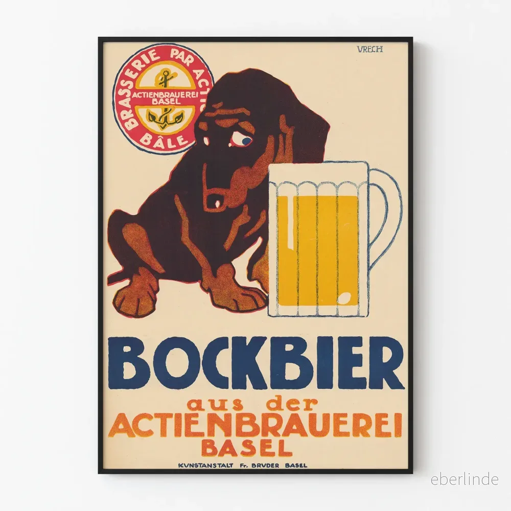 Vintageposter Bockbier Actienbrauerei Basel med hund och ölsejdel