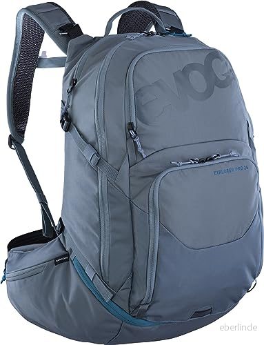 EVOC EXPLORER PRO 26, ryggsäck (för kortare rygglängder, AIR FLOW CONTACT SYSTEM, AIRO FLEX höftbälte, inkl. fack för vätskeblåsa upp till 3 l och regnskydd, en storlek), stål 4250450730514