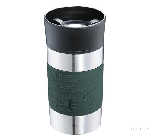 cilio Vakuumdryckesmugg VIAGGIO termosmugg i rostfritt stål to go plastlock 360 drickförslutning Dubbelväggssystem okrossbar och läckagesäker 300 ml, höjd: 15,5 cm mörkgrön 4017166546279