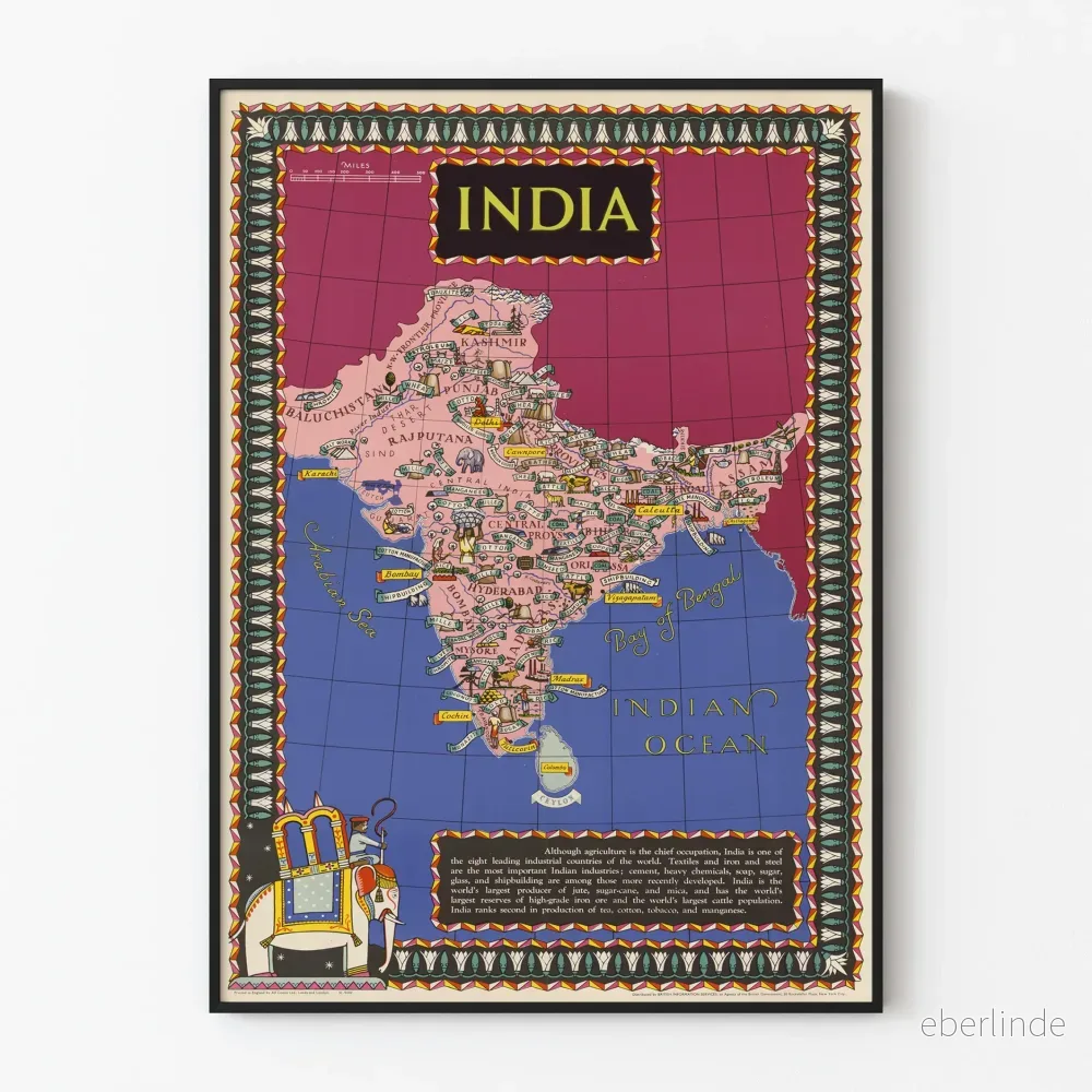 Vintage karta affisch av Indien illustrerad för väggdekoration