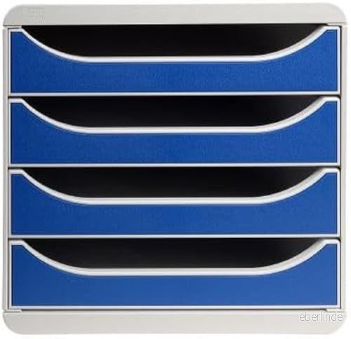 Exacompta Ref 310003D BIG BOX skrivbordslåda set 4 x 55 mm lådor, lämplig för A4+ dokument, 347 278 267 mm, 100% återvunnen plast ljusgrå/blå 9002493023475