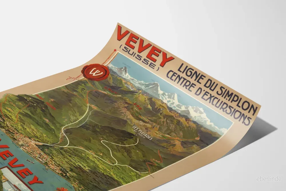 Vintageposter Vevey Simplon-linjen - Väggdekoration Schweizisk Resa - Bild 3