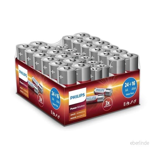 Philips Fördelspaket 40 stycken batterier 24 x AA och 16 AAA kraftfullt alkaliskt batteri med lång livslängd för fjärrkontroll, radio mer 6951613995204