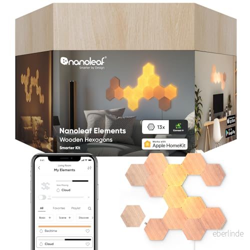 Nanoleaf Elements Hexagon Starter Kit, 13 Wood Look LED Smart Light Panels Dimmable & Modular Wi Fi Wall Mood Lights, Works with Alexa Google Assistant Apple Homekit, for House Room Decor or Desk 840102703924