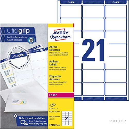 AVERY Zweckform L7160 250 adressetiketter/adressdekal (5 etiketter med ultragrip, 63,5 x 38,1 mm på A4, tryckbar, självhäftande, för DIN B6/C6 brevpapper, matt papper) ark, vit 4004182251843