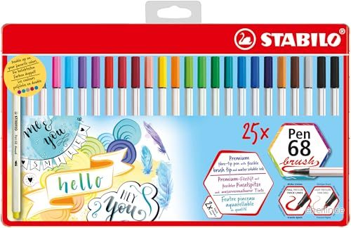 Premium fiberpenna STABILO Pen 68 brush etui med 25 pennor i 19 olika färger, hängande version 4006381561105