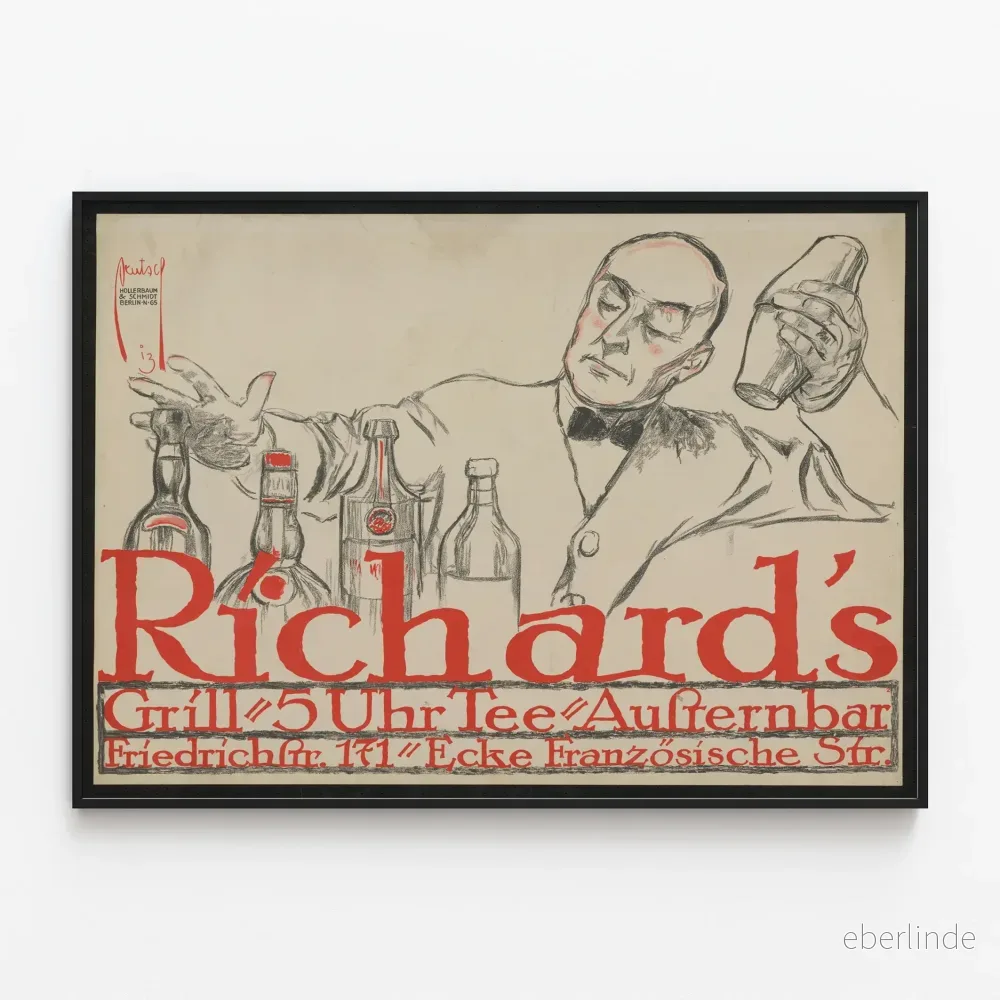 Vintageposter Richards Grill – Illustration av bartender med shaker Vintageposter Richards Grill – Illustration av bartender med shaker