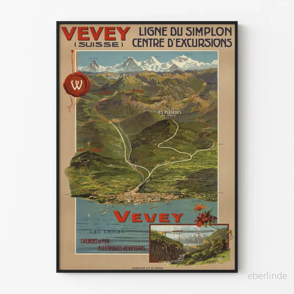 Vintageposter Vevey Simplon-linjen - Väggdekoration Schweizisk Resa